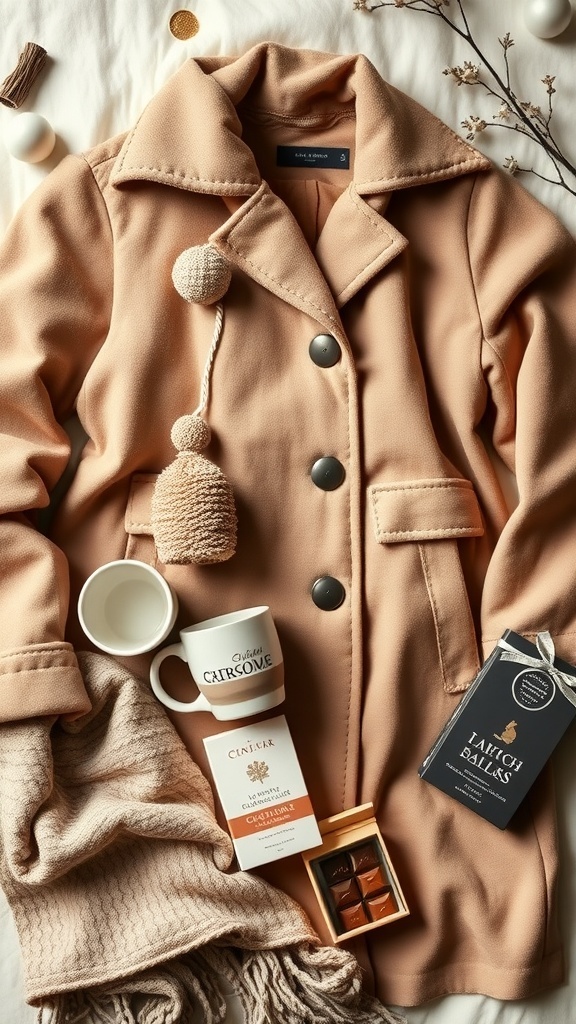 Flat lay of Stockholm-style Christmas wishlist items including a winter coat, ceramic mugs, throw blanket, and chocolates.